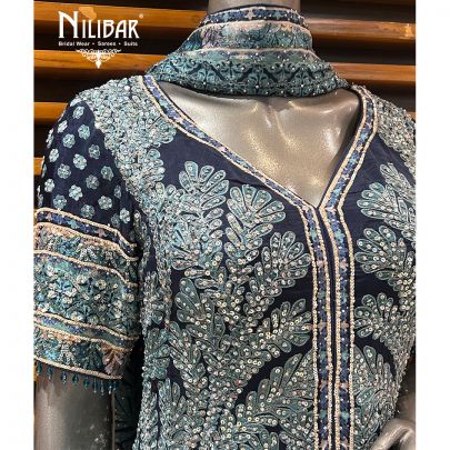 Blue Crepe Printed Bell Bottom Style Suit Set