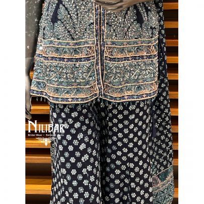Blue Crepe Printed Bell Bottom Style Suit Set