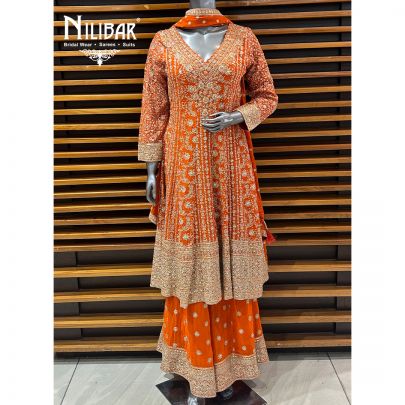Orange Georgette Short Anarkali With Flared Palazzo Suit