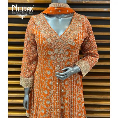 Orange Georgette Short Anarkali With Flared Palazzo Suit