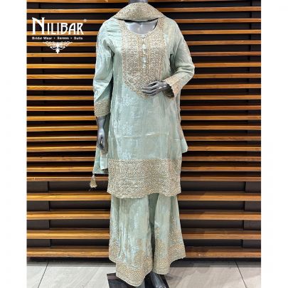 Tea Green Lamé Silk Flared Palazzo Suit