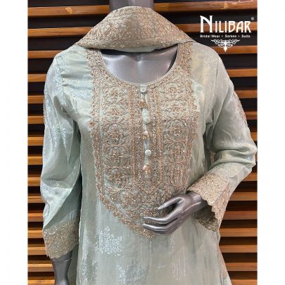 Tea Green Lamé Silk Flared Palazzo Suit