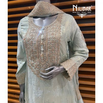 Tea Green Lamé Silk Flared Palazzo Suit