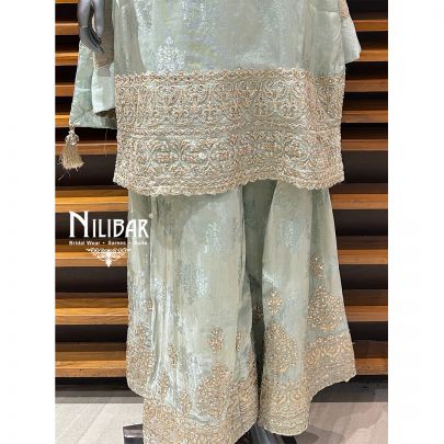Tea Green Lamé Silk Flared Palazzo Suit