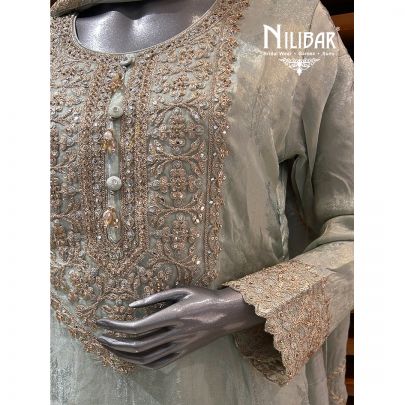 Tea Green Lamé Silk Flared Palazzo Suit