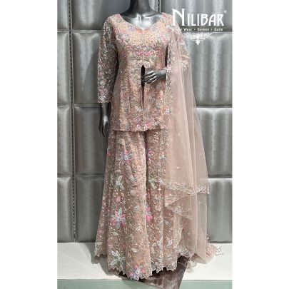 Light Peach Net Flared Palazzo Suit
