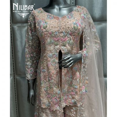 Light Peach Net Flared Palazzo Suit