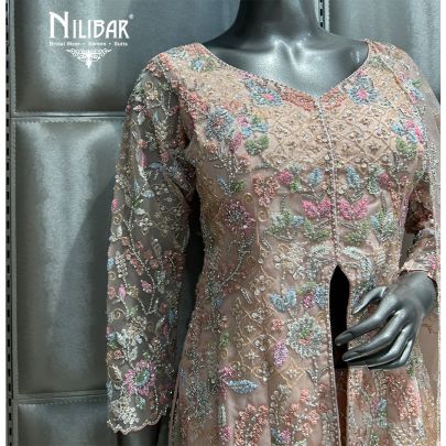 Light Peach Net Flared Palazzo Suit