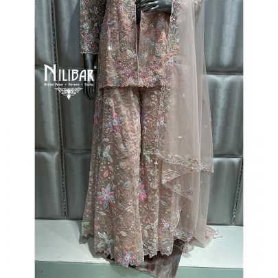 Light Peach Net Flared Palazzo Suit