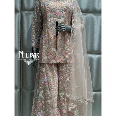 Light Peach Net Flared Palazzo Suit