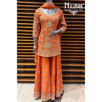 Orange Silk Organza Short Shirt Paired With Palazzo & Dupatta