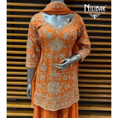 Orange Silk Organza Short Shirt Paired With Palazzo & Dupatta