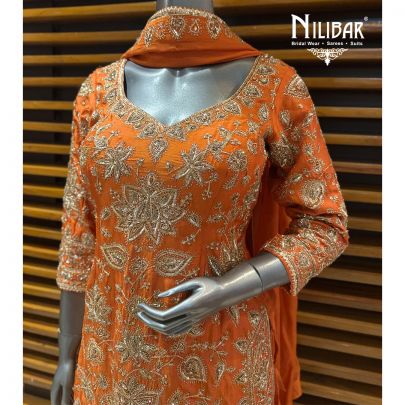 Orange Silk Organza Short Shirt Paired With Palazzo & Dupatta
