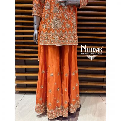 Orange Silk Organza Short Shirt Paired With Palazzo & Dupatta