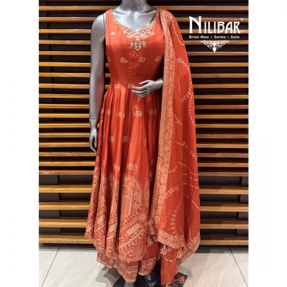 Orange Silk Anarkali Suit Paired With Palazzo & Dupatta
