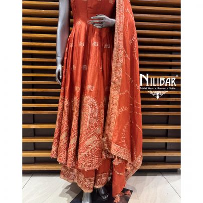 Orange Silk Anarkali Suit Paired With Palazzo & Dupatta