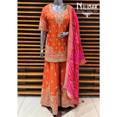 Orange Silk Bandhani Short Shirt Paired With Palazzo & Dupatta