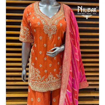 Orange Silk Bandhani Short Shirt Paired With Palazzo & Dupatta