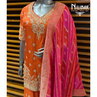 Orange Silk Bandhani Short Shirt Paired With Palazzo & Dupatta