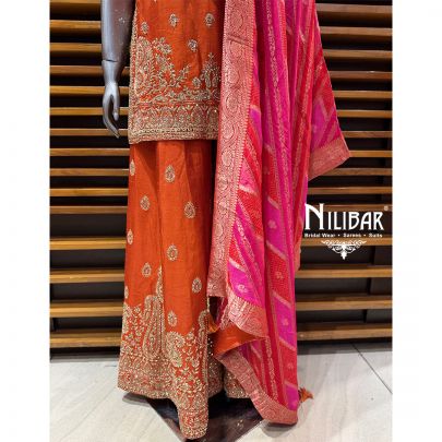 Orange Silk Bandhani Short Shirt Paired With Palazzo & Dupatta