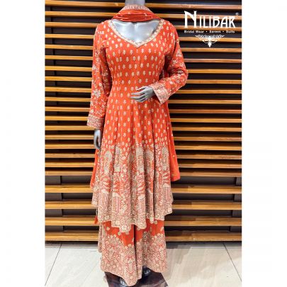 Orange Georgette Anarkali Suit Paired With Palazzo & Dupatta