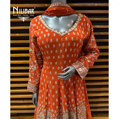 Orange Georgette Anarkali Suit Paired With Palazzo & Dupatta