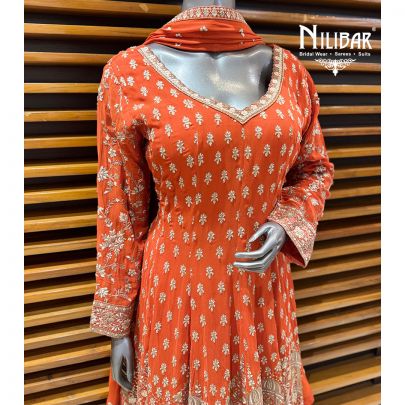 Orange Georgette Anarkali Suit Paired With Palazzo & Dupatta