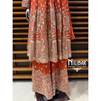 Orange Georgette Anarkali Suit Paired With Palazzo & Dupatta