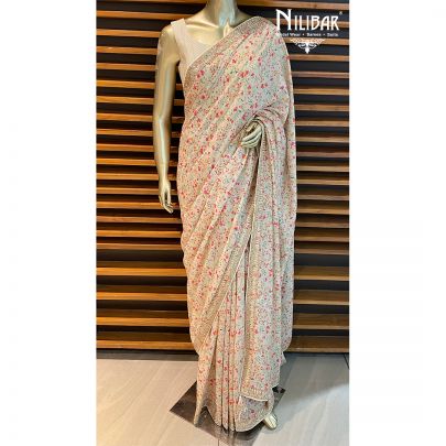 Cream Silk Printed Saree