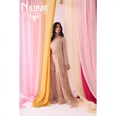 Salmon Pink Net Jacket Style Garara Suit