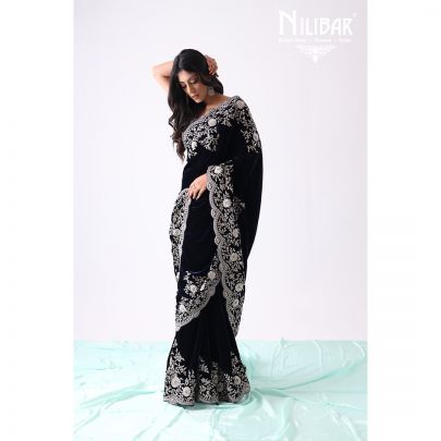 Navy Blue Velvet Saree