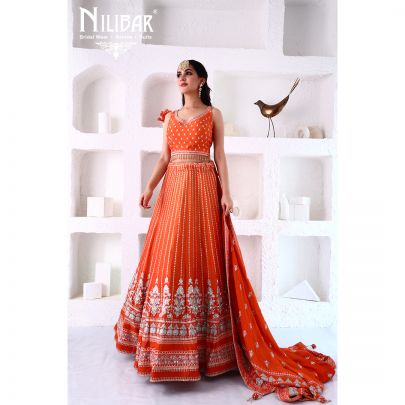 Tiger Orange Silk Lehenga