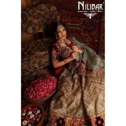 Moss Green and Mehroon Velvet Bridal Lehenga