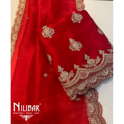 Rose Red Organza Unstitched Suit's
