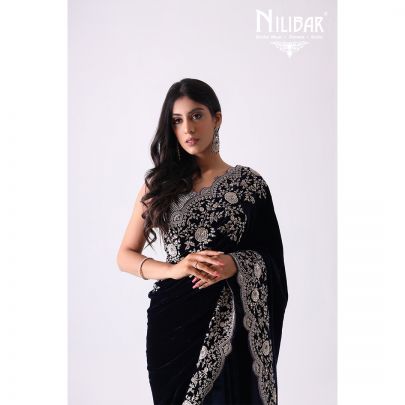 Navy Blue Velvet Saree
