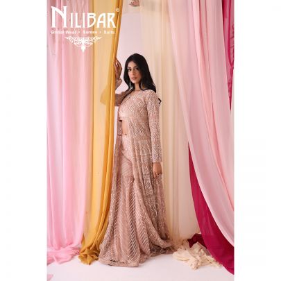 Salmon Pink Net Jacket Style Garara Suit