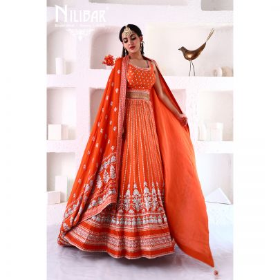 Tiger Orange Silk Lehenga