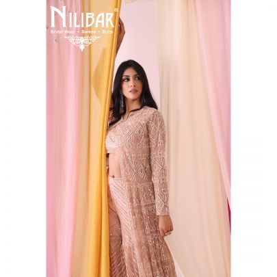 Salmon Pink Net Jacket Style Garara Suit