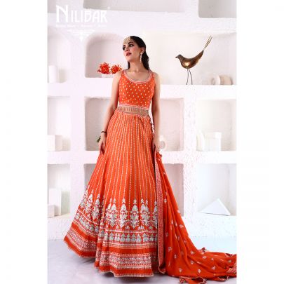 Tiger Orange Silk Lehenga