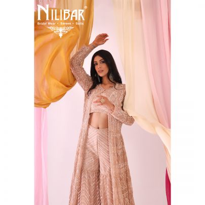 Salmon Pink Net Jacket Style Garara Suit