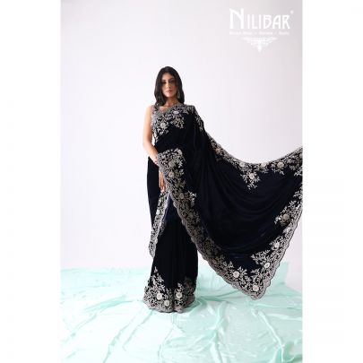 Navy Blue Velvet Saree