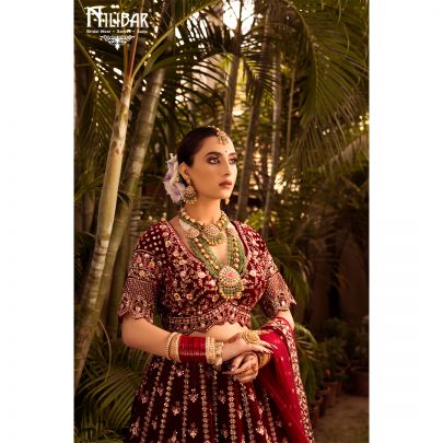 Rosewood Maroon Velvet Bridal Lehenga