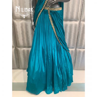 Rama Green Chinon Embroidered Draped Lehenga