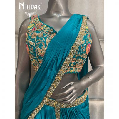 Rama Green Chinon Embroidered Draped Lehenga