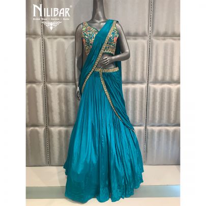 Rama Green Chinon Embroidered Draped Lehenga