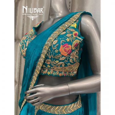 Rama Green Chinon Embroidered Draped Lehenga
