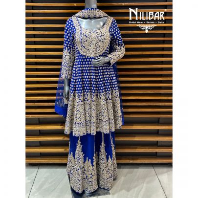 Royal Blue Georgette Short Anarkali With Flared Palazzo Suit