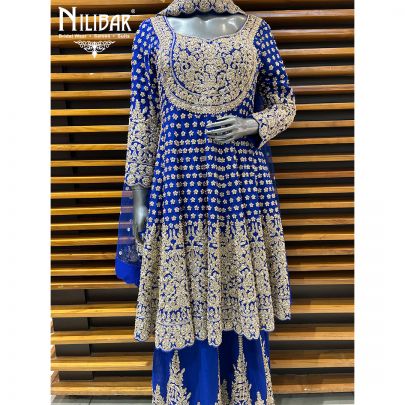 Royal Blue Georgette Short Anarkali With Flared Palazzo Suit