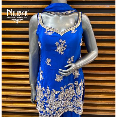 Ink Blue Crepe Garara Suit Paired With Chinon Dupatta