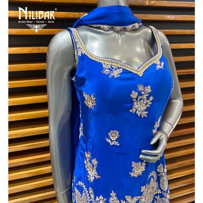 Ink Blue Crepe Garara Suit Paired With Chinon Dupatta